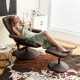Brown massage recliner chair with ottoman, highlighting the angle adjustment knob and remote control side pocket for.